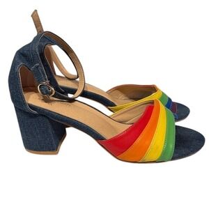 Modcloth Limitless Radiance Denim Rainbow Strappy Block Heel Sandals Women Size7